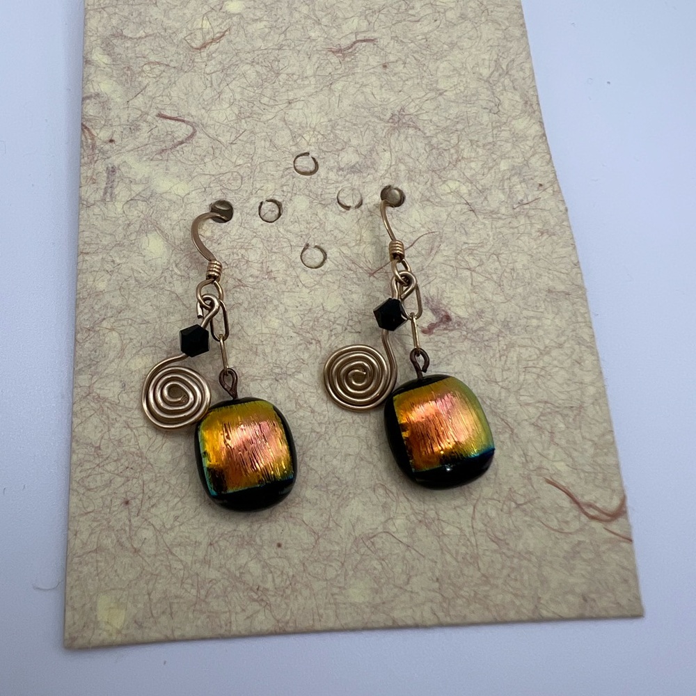 Multi Color Glass and Wire Spiral Dangle Earrings and Matching 15”Necklace